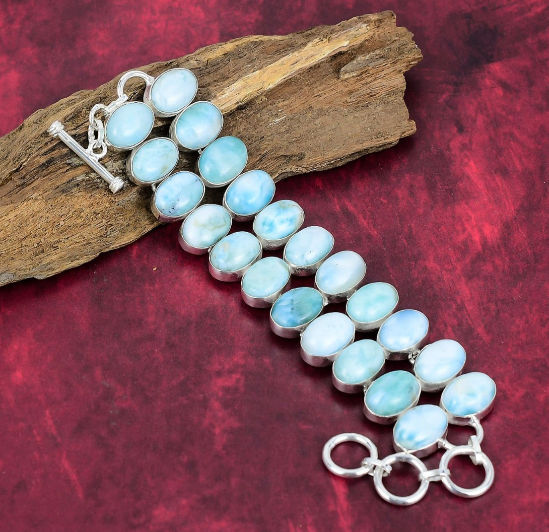 Natural Larimar Gemstone 925 Sterling Silver Handmade Jewelry Bracelet Love Gift