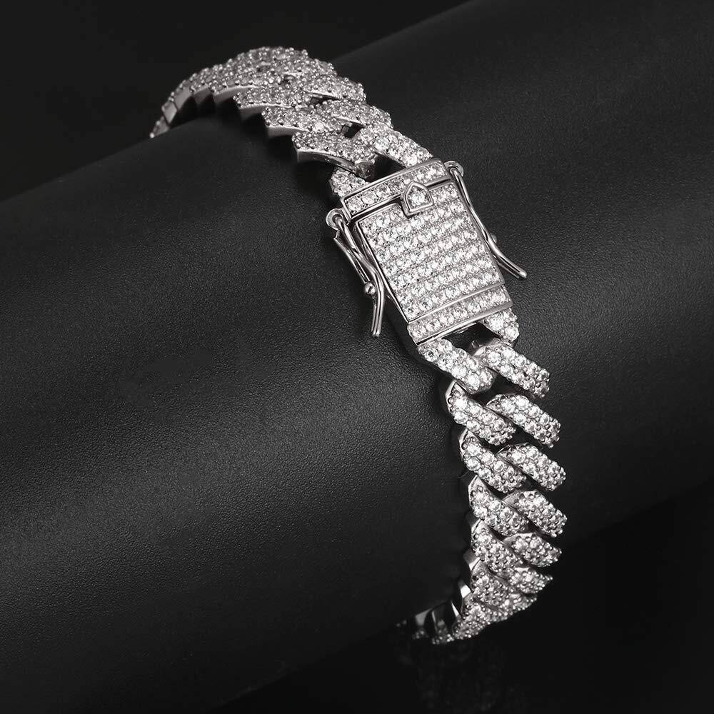 White Gold Plated Iced CZ Out Stainless Steel Miami Cuban Link Bracelet Or Chain