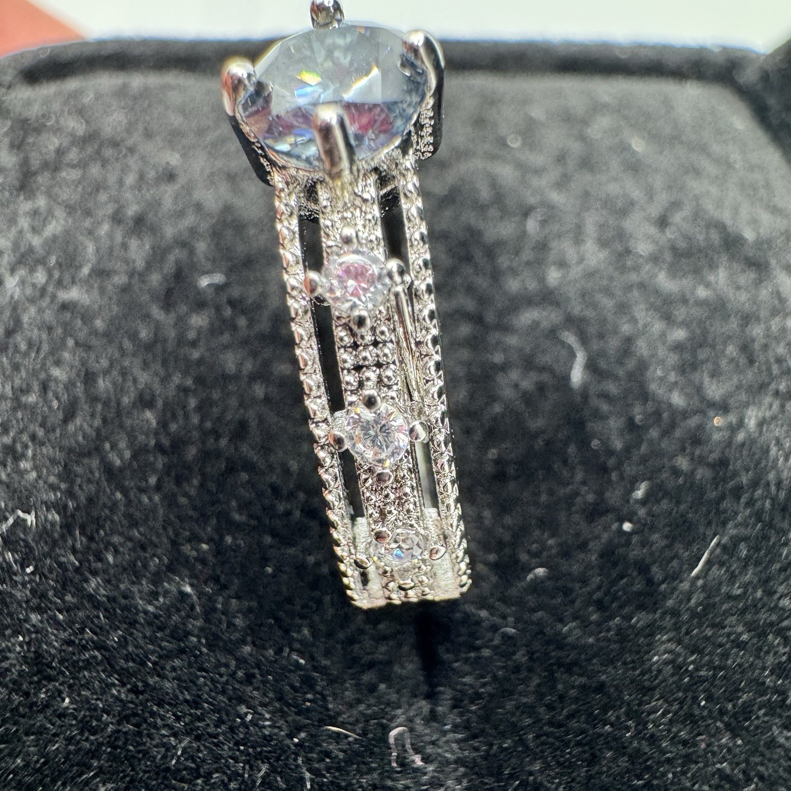 Vintage Style Silvertone Adjustable Ring With Blue CZ Stone