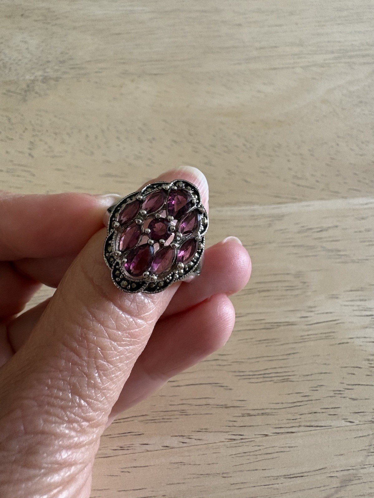 Silver Tone Cluster Cocktail Ring Purple Marquise-Cut Stones Size 9 Pre-Owned