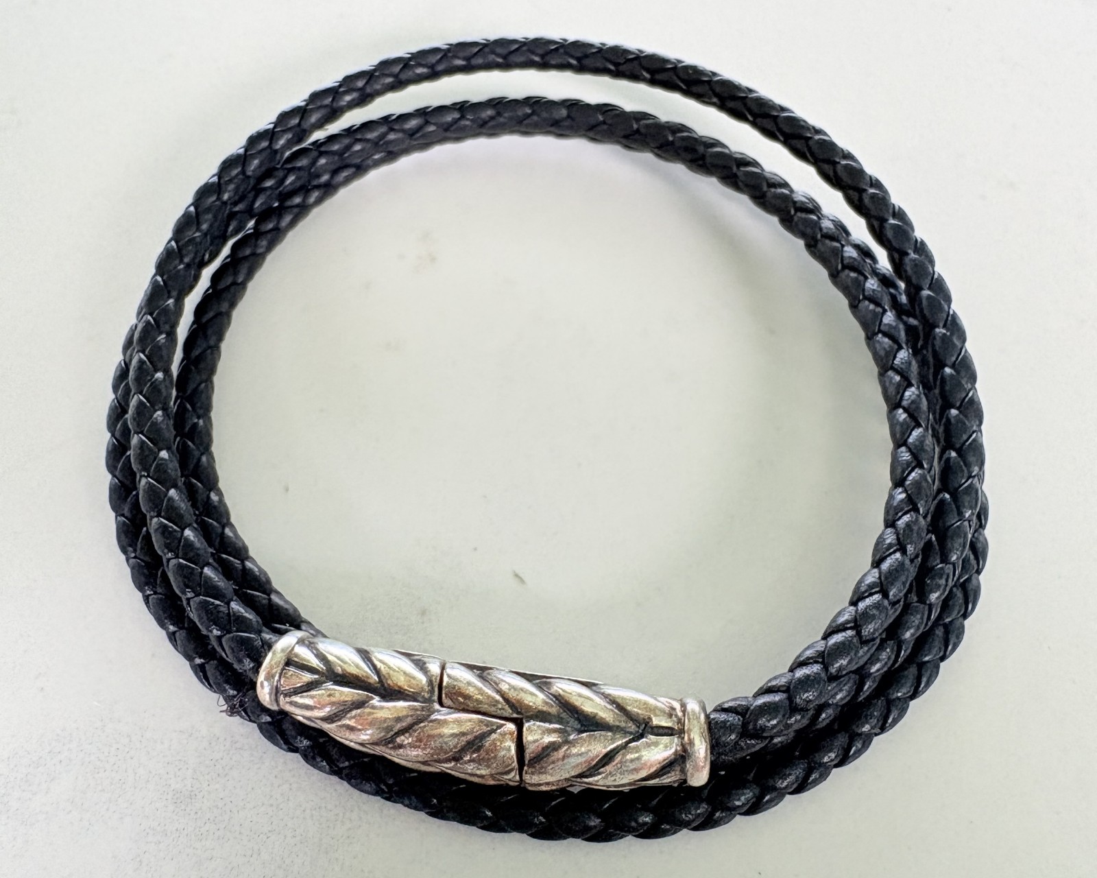 David Yurman Sterling Silver Chevron Triple Wrap Black Leather Bracelet Small
