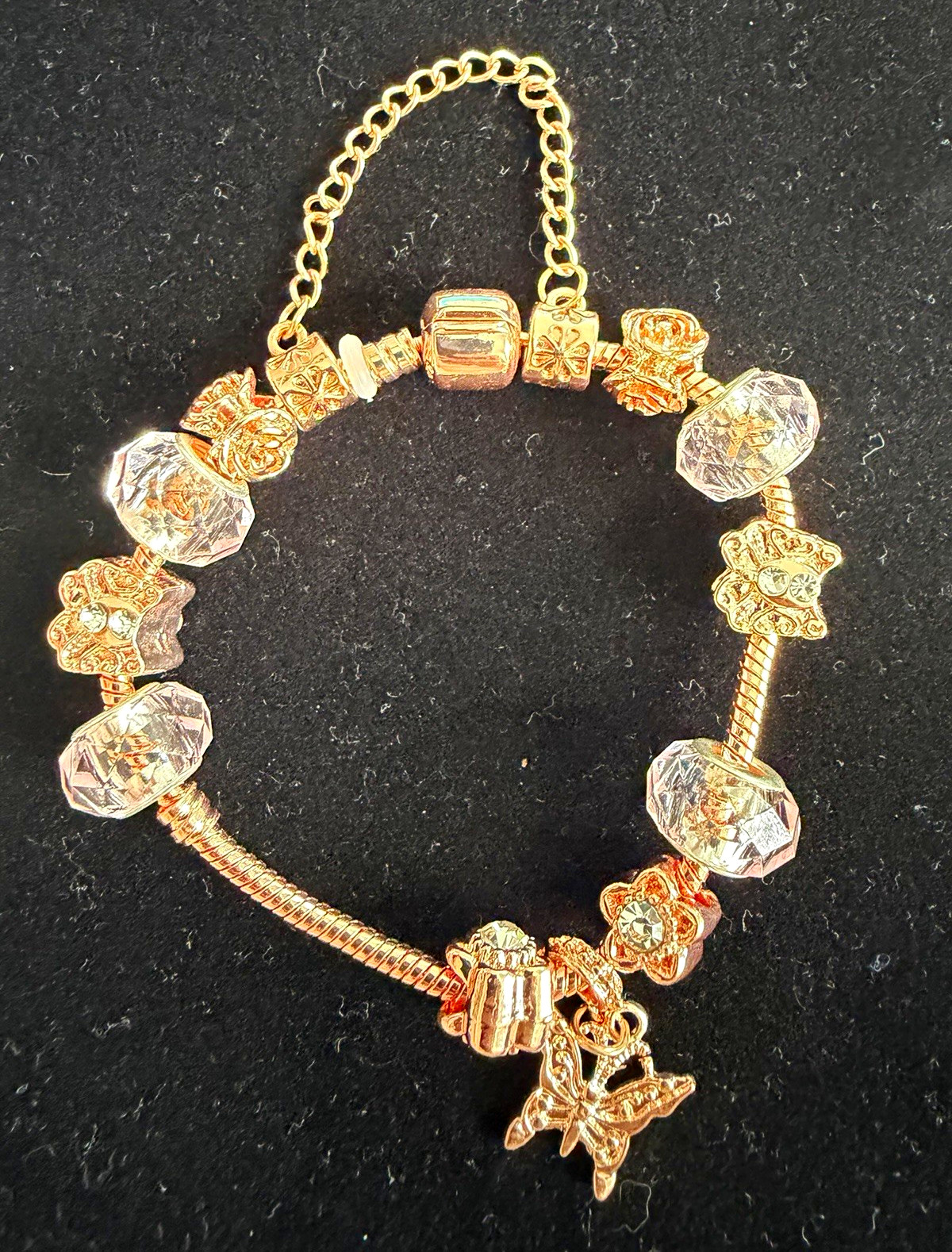 Rose Gold Plated Snake Chain Charm Bracelet Butterfly Dangle, Barrel Closure