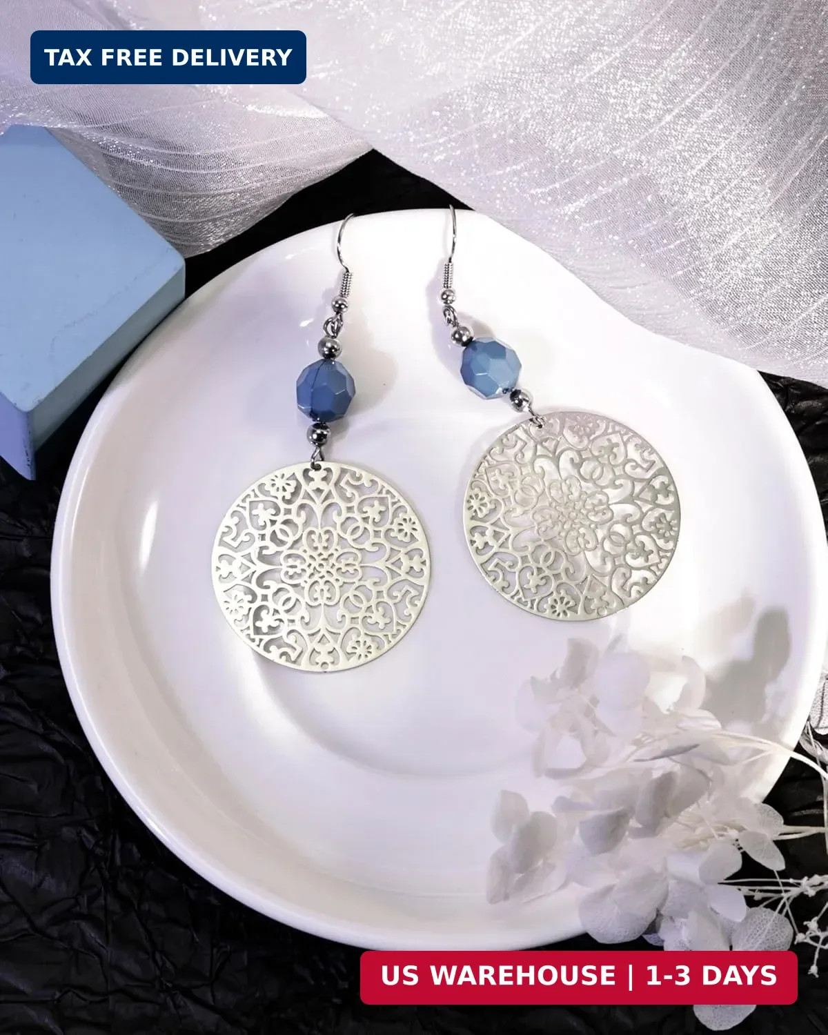 Silver Blue Bead Boho Filigree Dangle Vintage Handmade Round Disc Drop Earrings