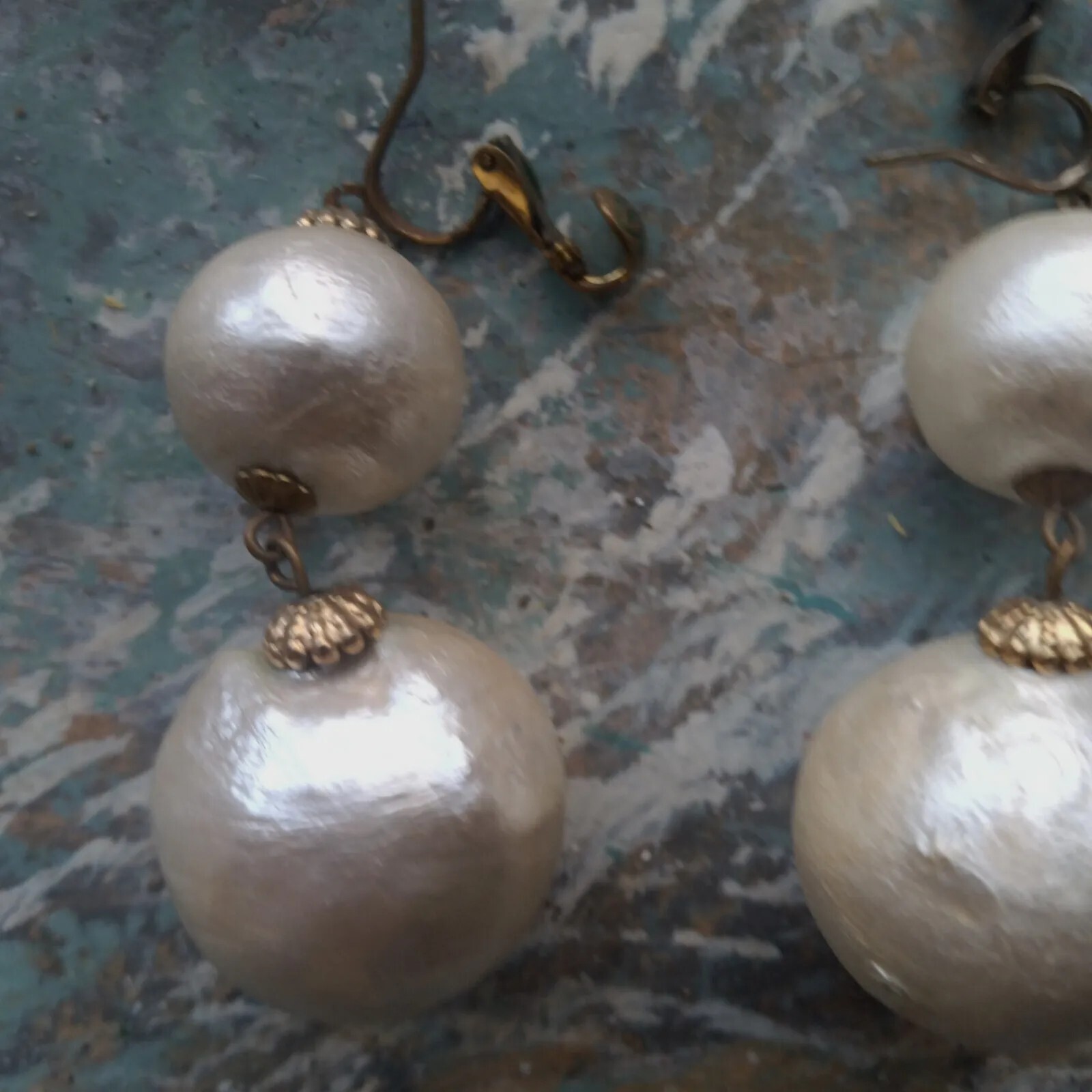 Stylish White Cotton Pearl Dangle EARRINGS 2.5″ Hook and Clip Combo