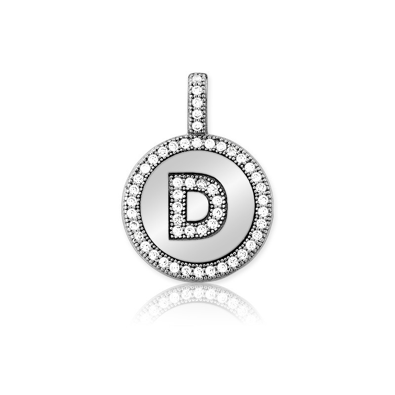Sterling Silver Sparkling Micro Pave Circle “D” Pendant W/Chain Rhodium Plated