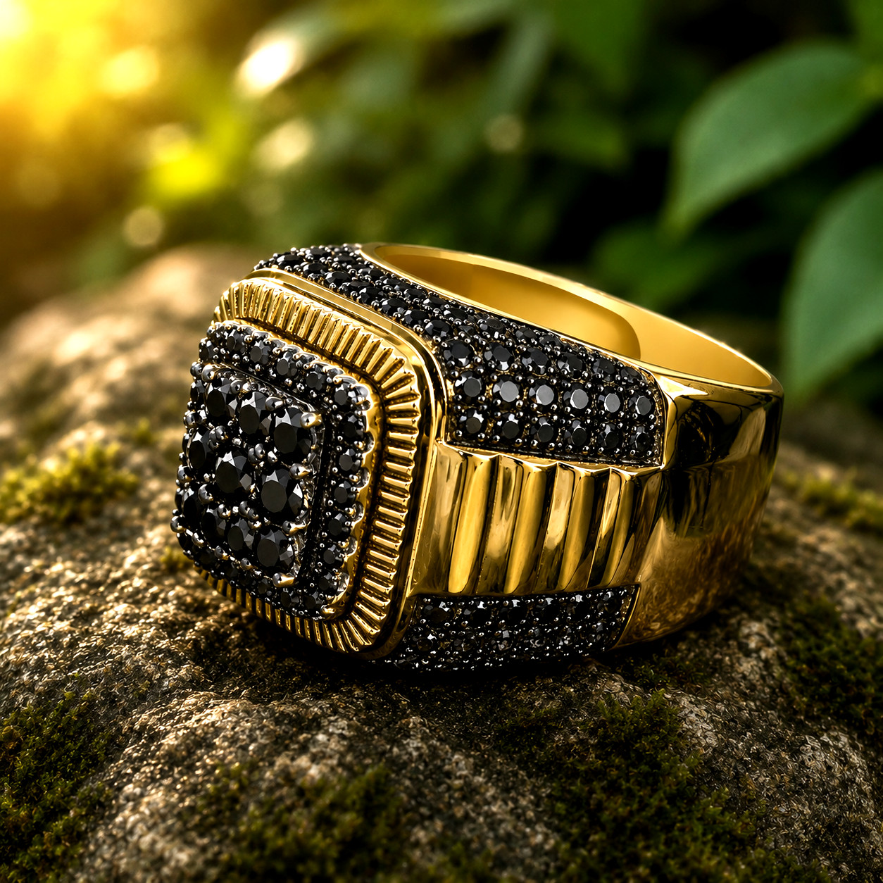 2.50Ct Natural Black Spinel Cluster Men’s Engagement Ring 14K Yellow Gold Plated