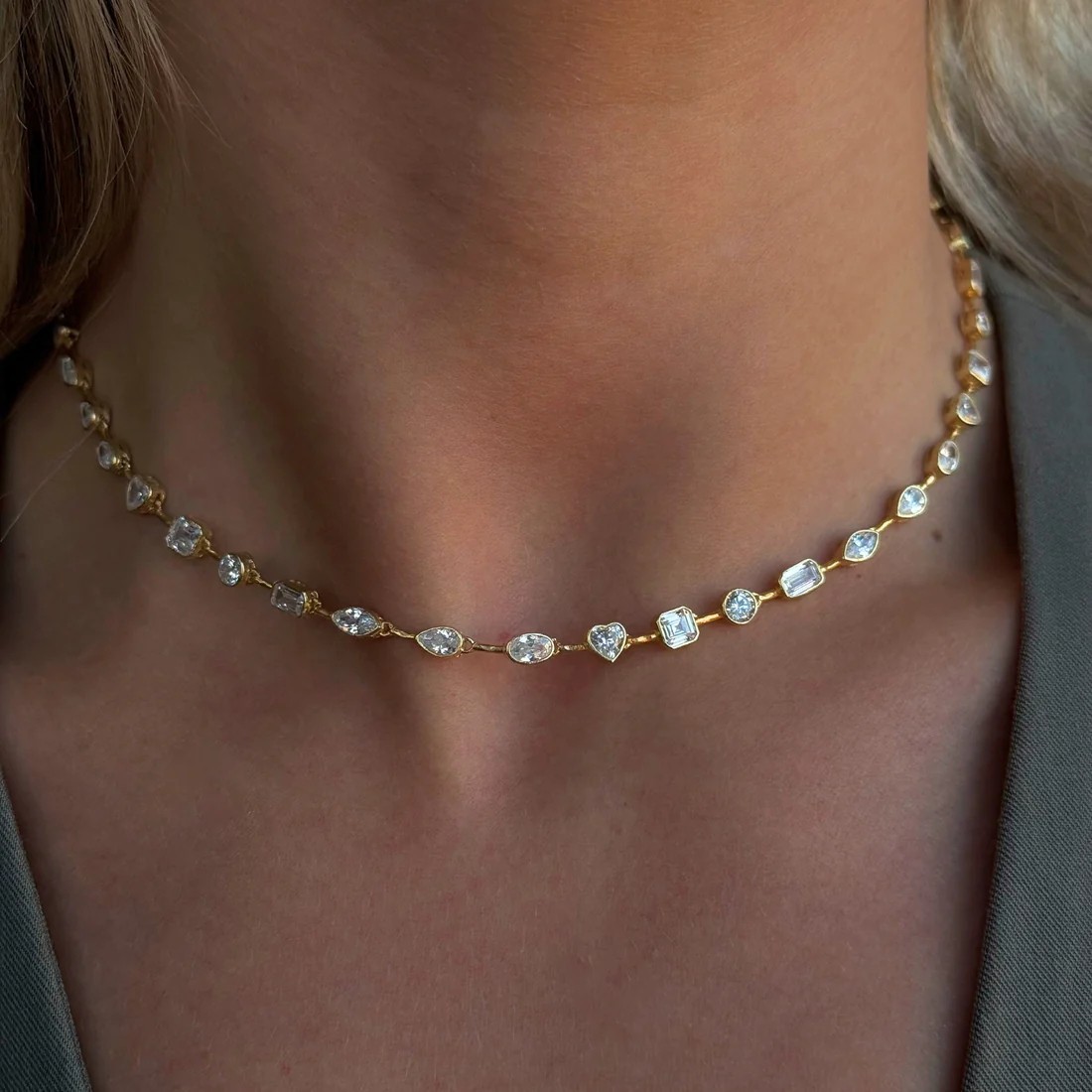 Bezel Cut VVS1 Lab Created Diamond Necklace And Bracelet Set 14K Gold Finish