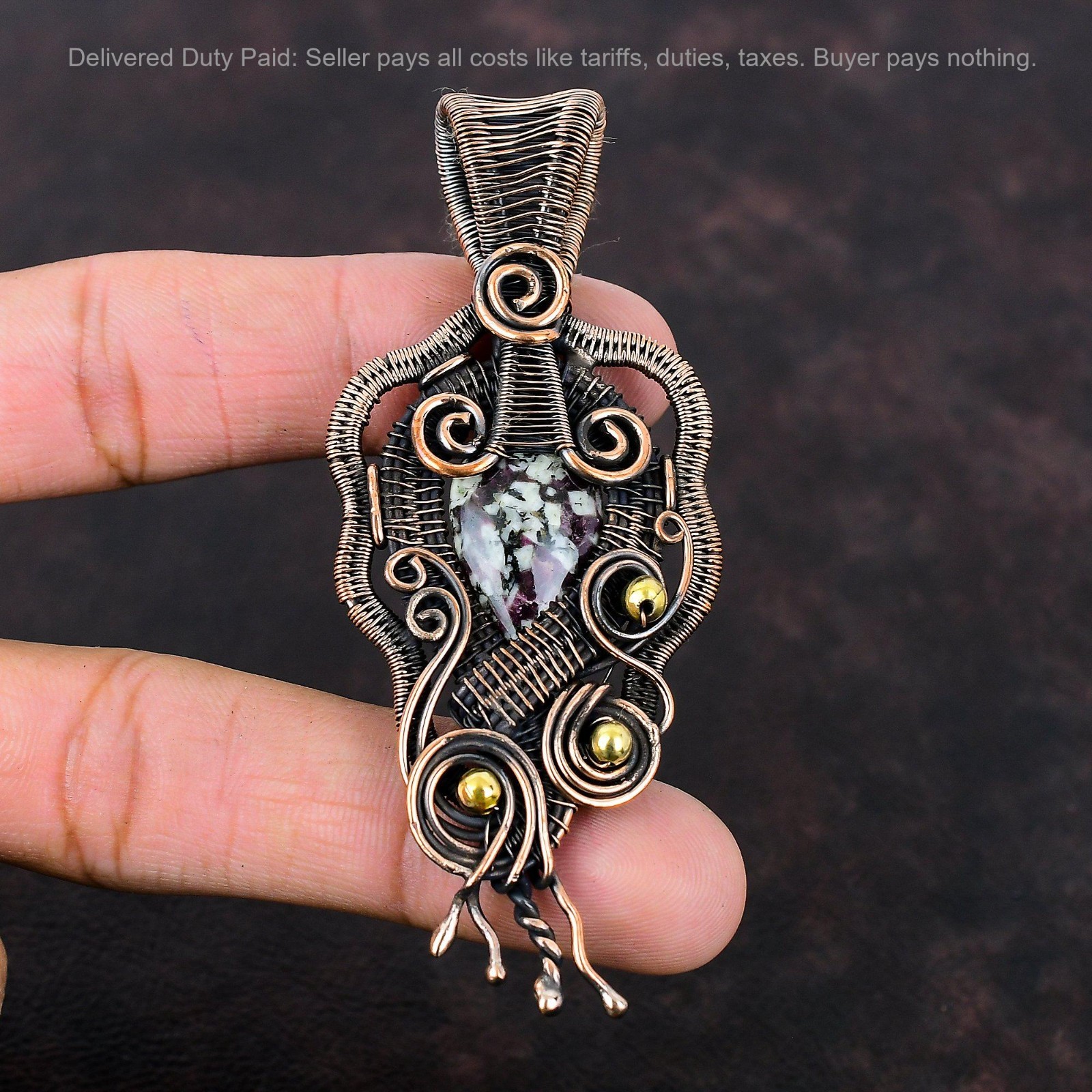 Pear Eudialyte Stone Copper Artisan Wire Wrapped Wife Wedding Pendant Jewelry