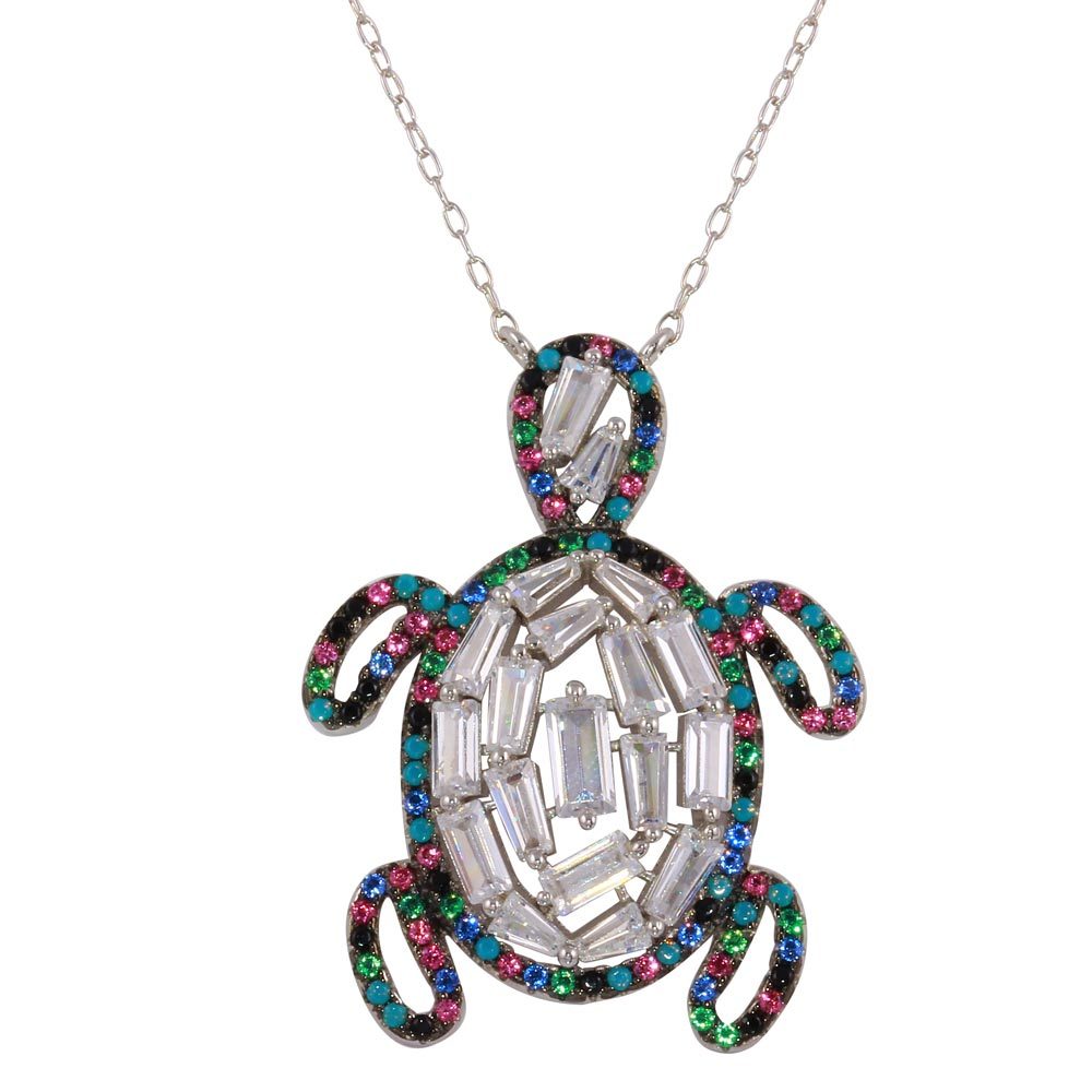 MULTI – COLORED TURTLE NECKLACE PENDANT W/ MULTI – COLOR GEMS / 18”