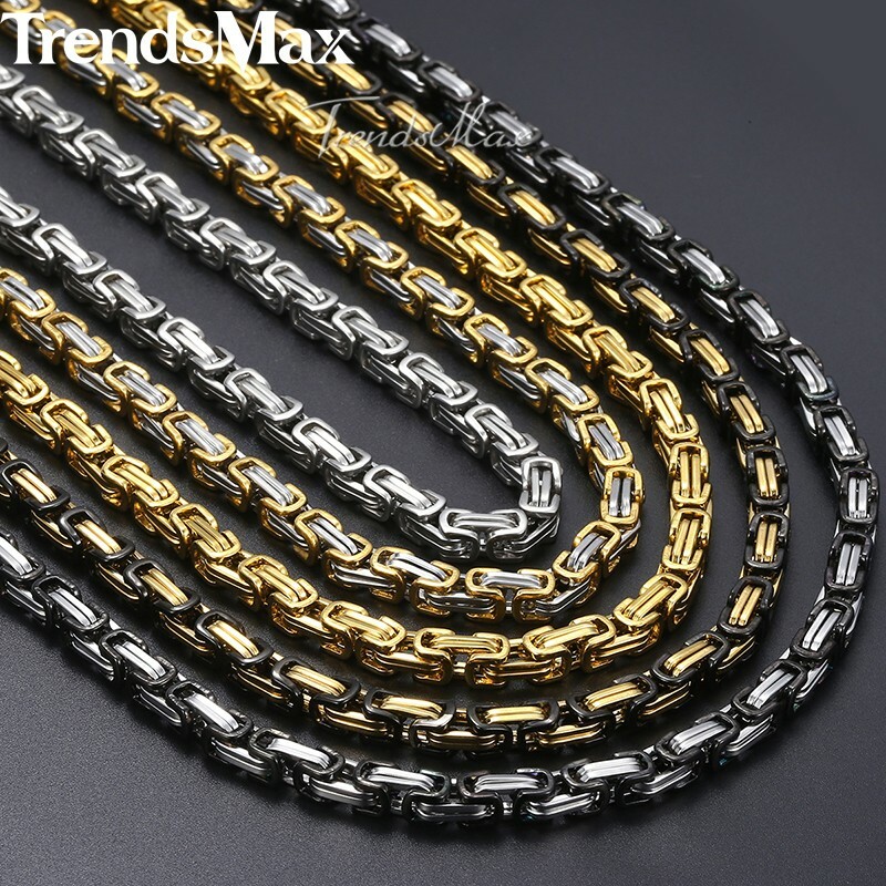 5mm Mens Byzantine Box Link Chain Stainless Steel Necklace Silver/Gold Plated