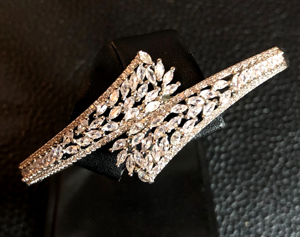 Silver CZ Simulated Diamond Bangle Bracelet Bypass Statement Rhodium Plated 3415