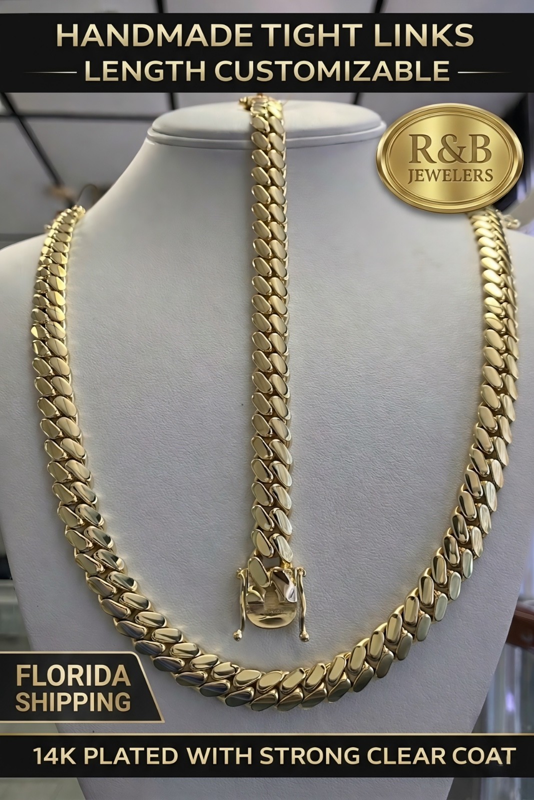 Miami Cuban Link SET Chain Necklace Bracelet 14k Gold Plated 10mm SOLID Box Lock