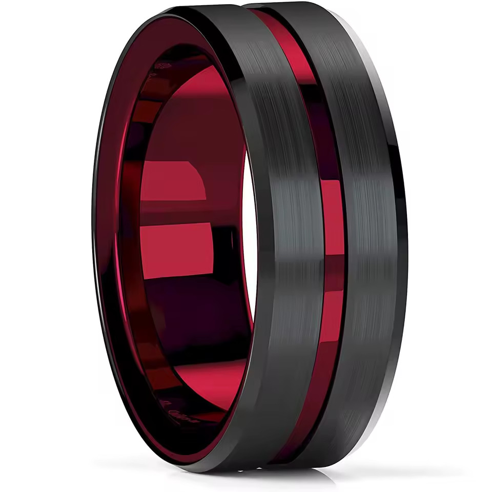 8mm Black Tungsten Carbide Thin, Red Line Wedding, Band Ring ATOP Men’s Jewelry