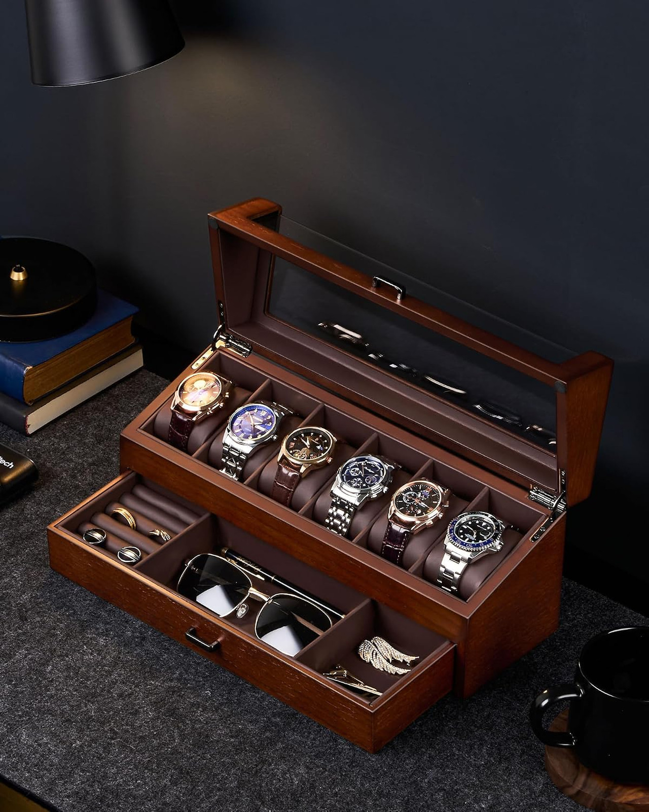 Wooden Watch Box for Men with Drawer, 6 Slot Jewelry Organizer Case, Walnut