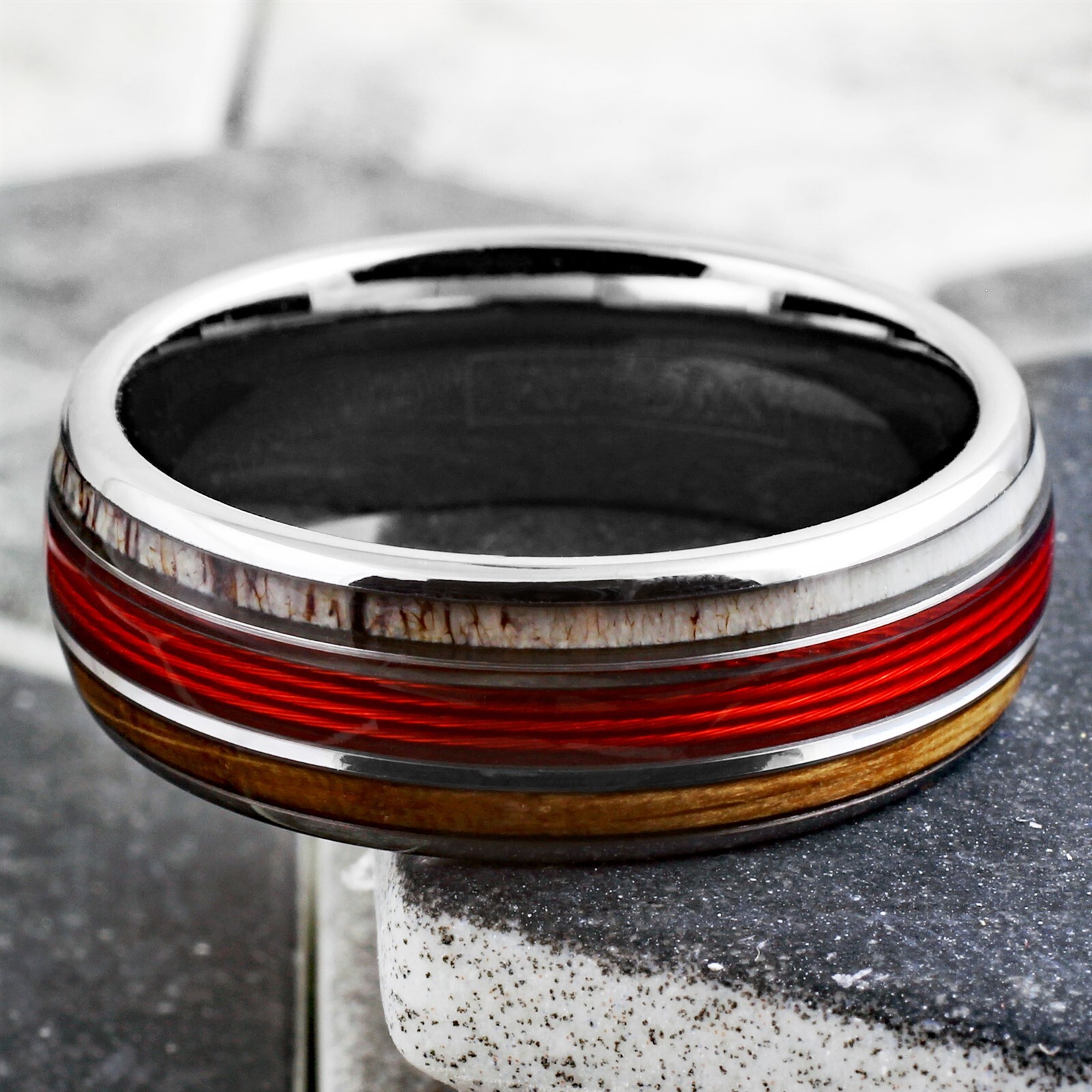 Tungsten Carbide Men’s Ring Red Fishing Line-Whiskey Barrel & Deer Antler Band