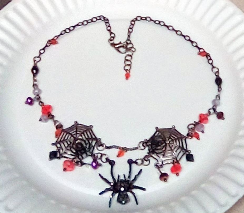 Hanging Sparkling Spider with Webs, Handmade 18″ Necklace.