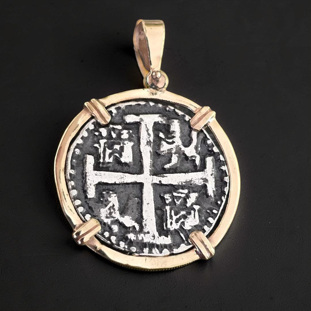 Atocha Shipwreck Silver Coin Pendant Solid 14k Gold Frame Treasure Jewelry