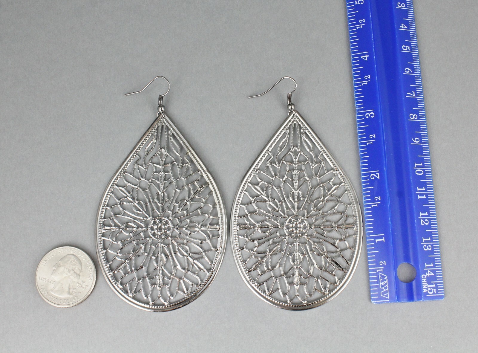Big Huge Dark Grey earrings lightweight filigree teardrop oval dangle 3.75″ long