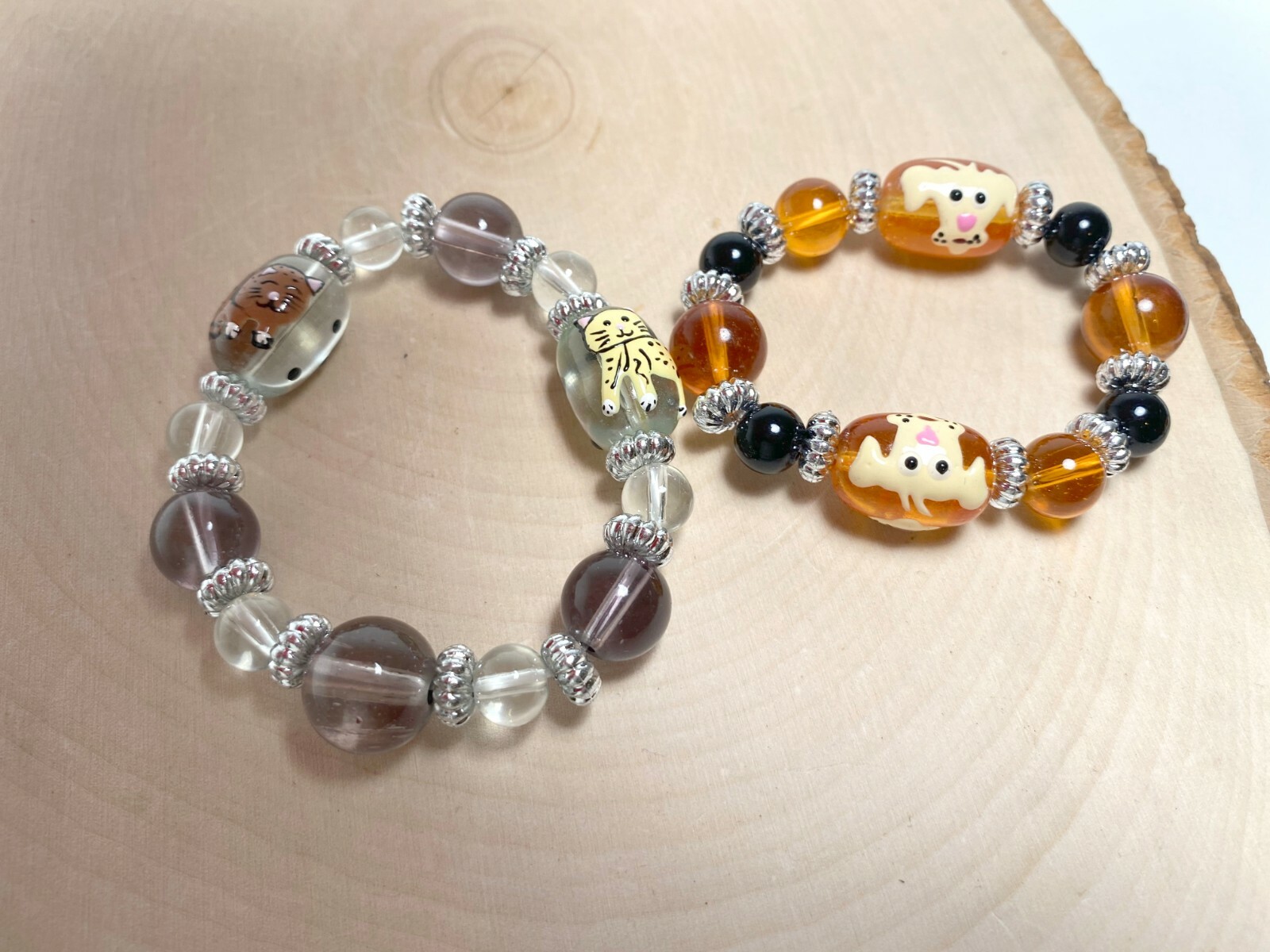 Children Bracelets Stretch Beaded Cat Dog Heart Star Fish Emoji lot of 6 pcs