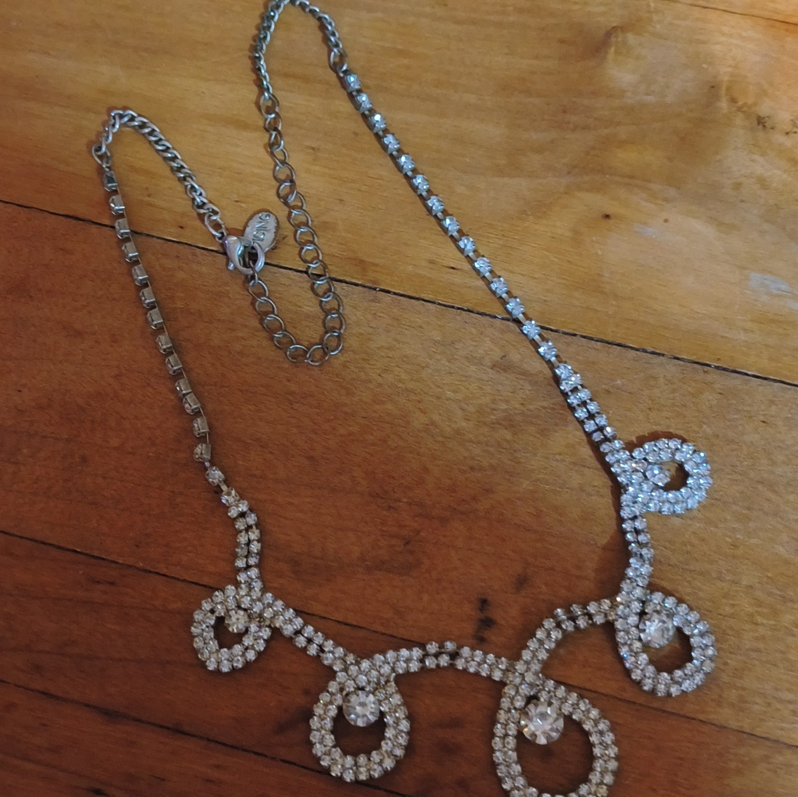 Silver Tone Clear Crystal Rhinestone Statement Necklace Asymmetrical Loop Drop