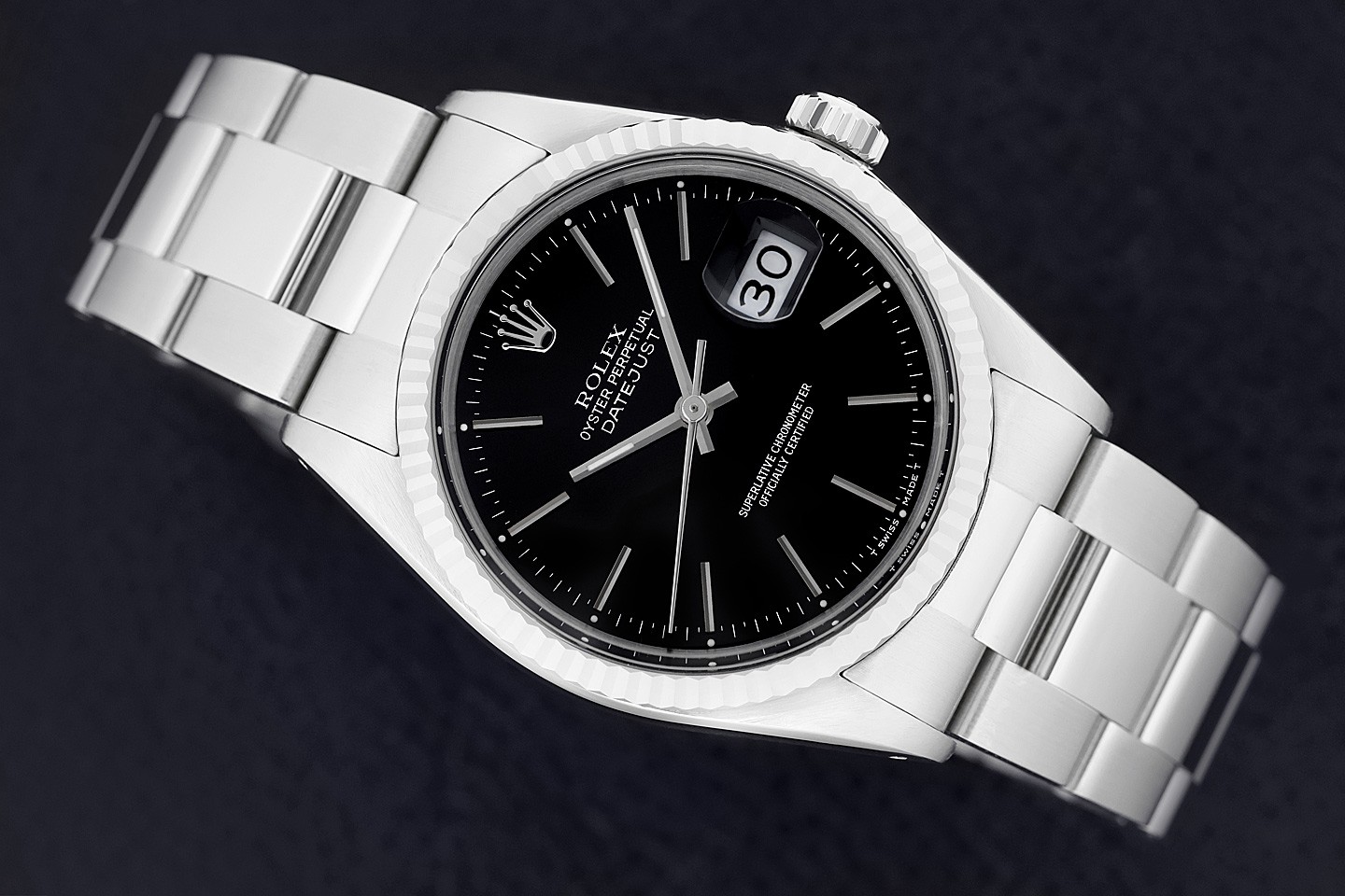 ROLEX MENS DATEJUST 16014 BLACK DIAL 18K WHITE GOLD STEEL OYSTER WATCH