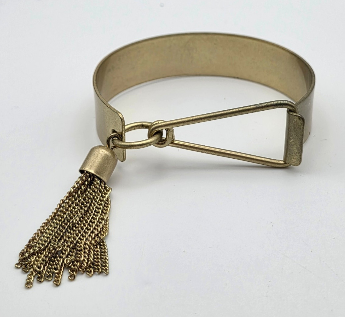 Antique Gold Tone Wide Cuff Bracelet Chain Tassel Pin Latch Boho 6.5 In