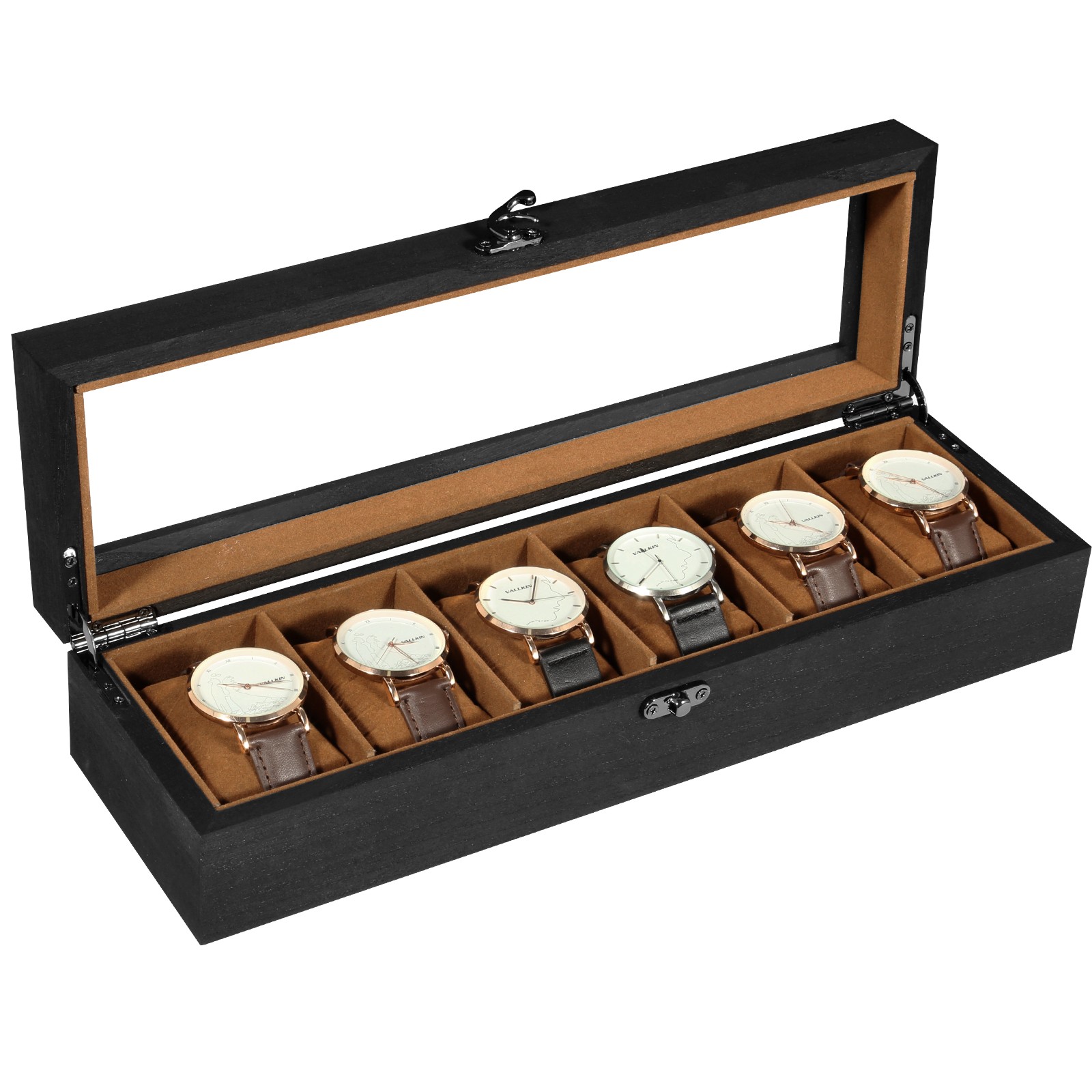 6 Slots Watch Box Solid Wood Watch Case with Clear Top Storage Display Case Gift