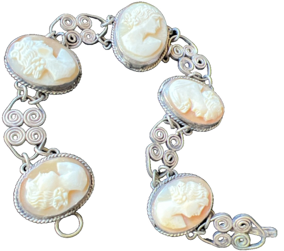 Hand Carved Shell Cameo Panel Bracelet Silver Wirework Links Women’s Profile VTG