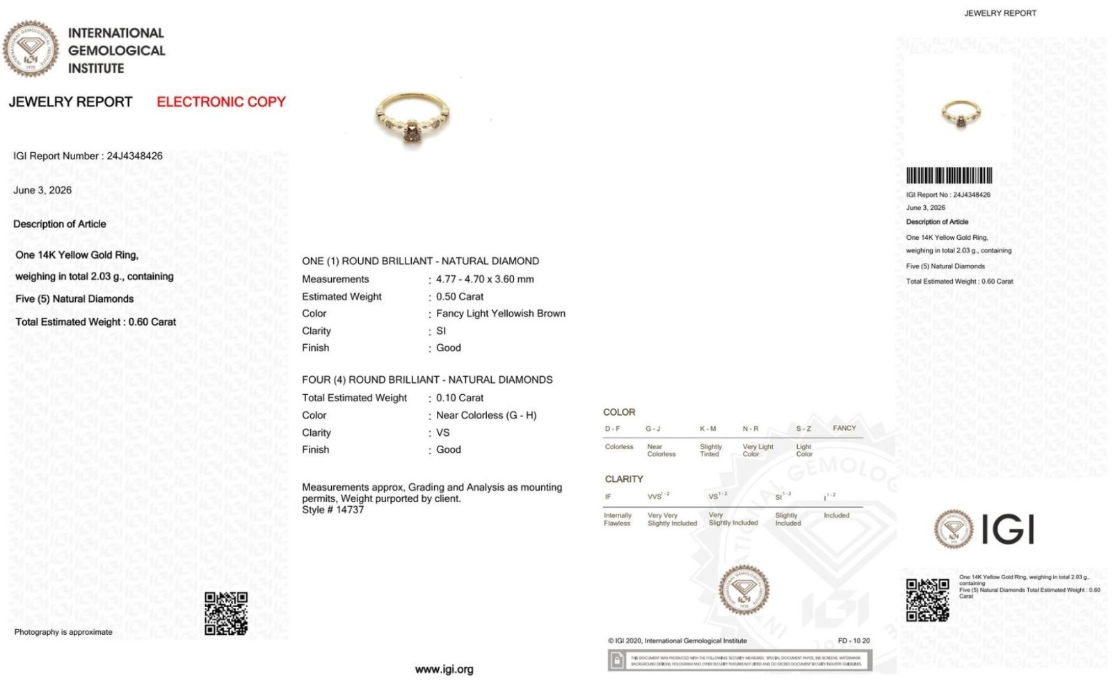 IGI Certified 0.60ct Natural Round Brilliant Cut Diamond Ring in 14K Yellow Gold