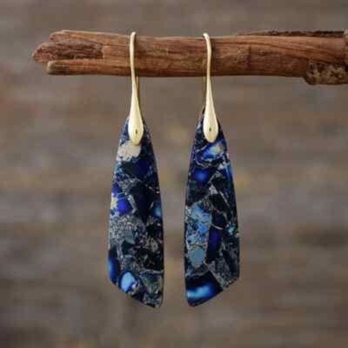 Natural Blue Jasper Boho Dangle Earrings Healing Reiki Gemstone Drop Earrings