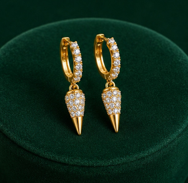 2Ct Round Cut Simulated Diamond Spike Drop Hoop Earrings 14K Yellow Gold Plated
