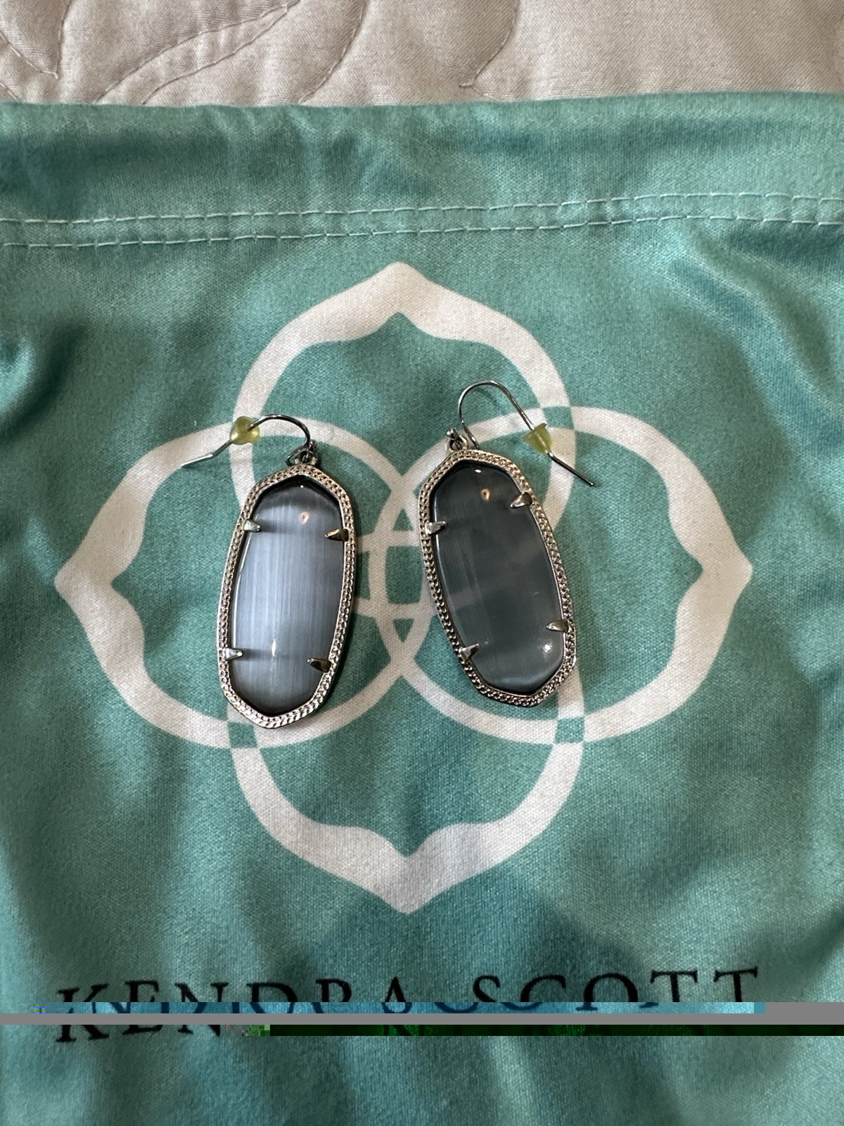 Kendra Scott Signed Silver Plated Gray Oval Glass Dangle Drop Hook Earrings