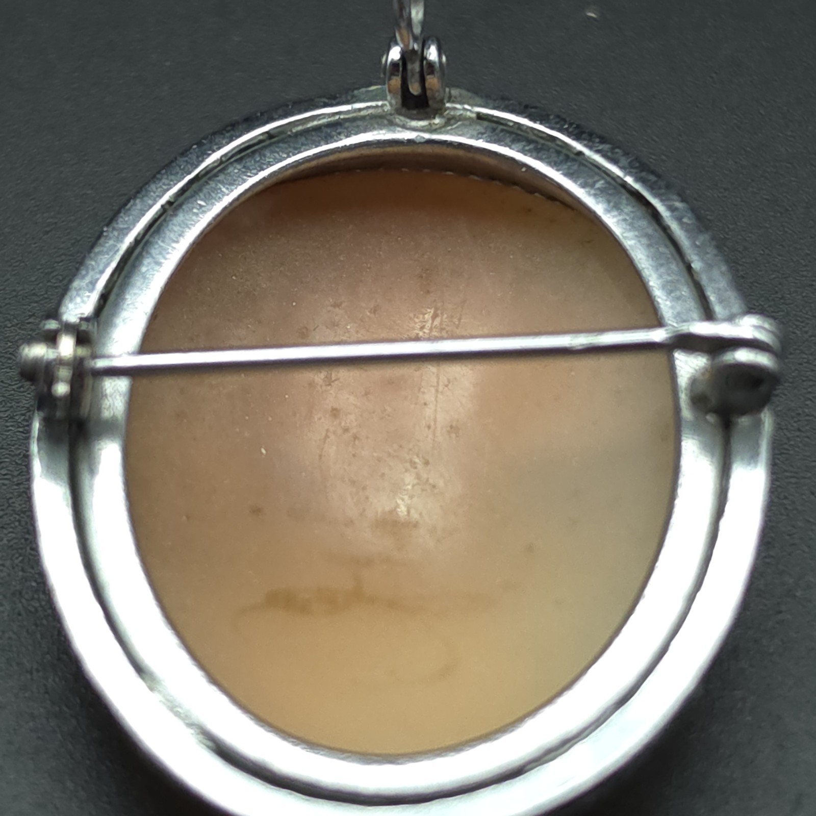 Antique Art Deco Hand Carved Shell Cameo Pendant Brooch Floral Lady Silver Tone