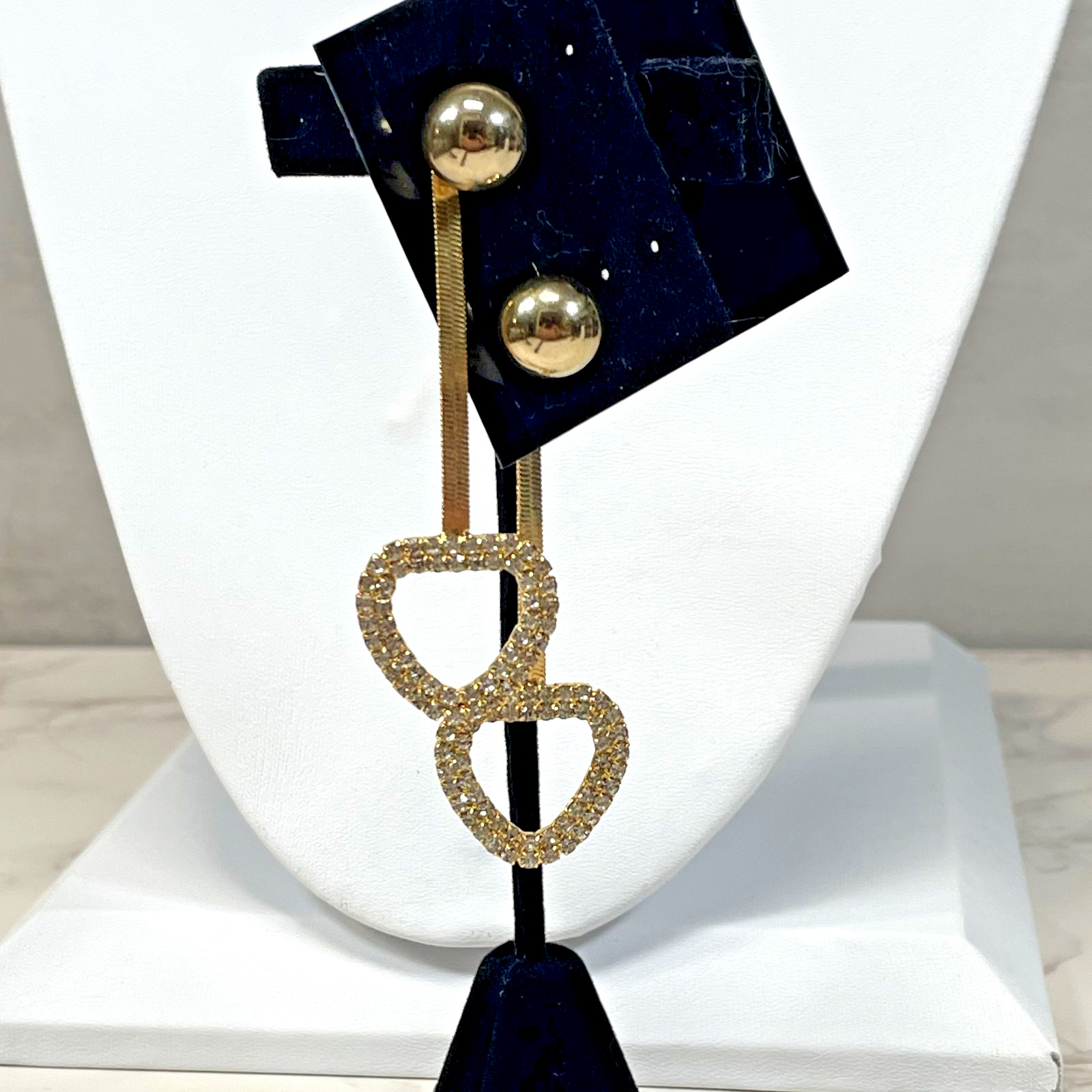 Gold Tone Herringbone Chain Drop Earrings Pave Rhinestone Open Heart Ball Stud