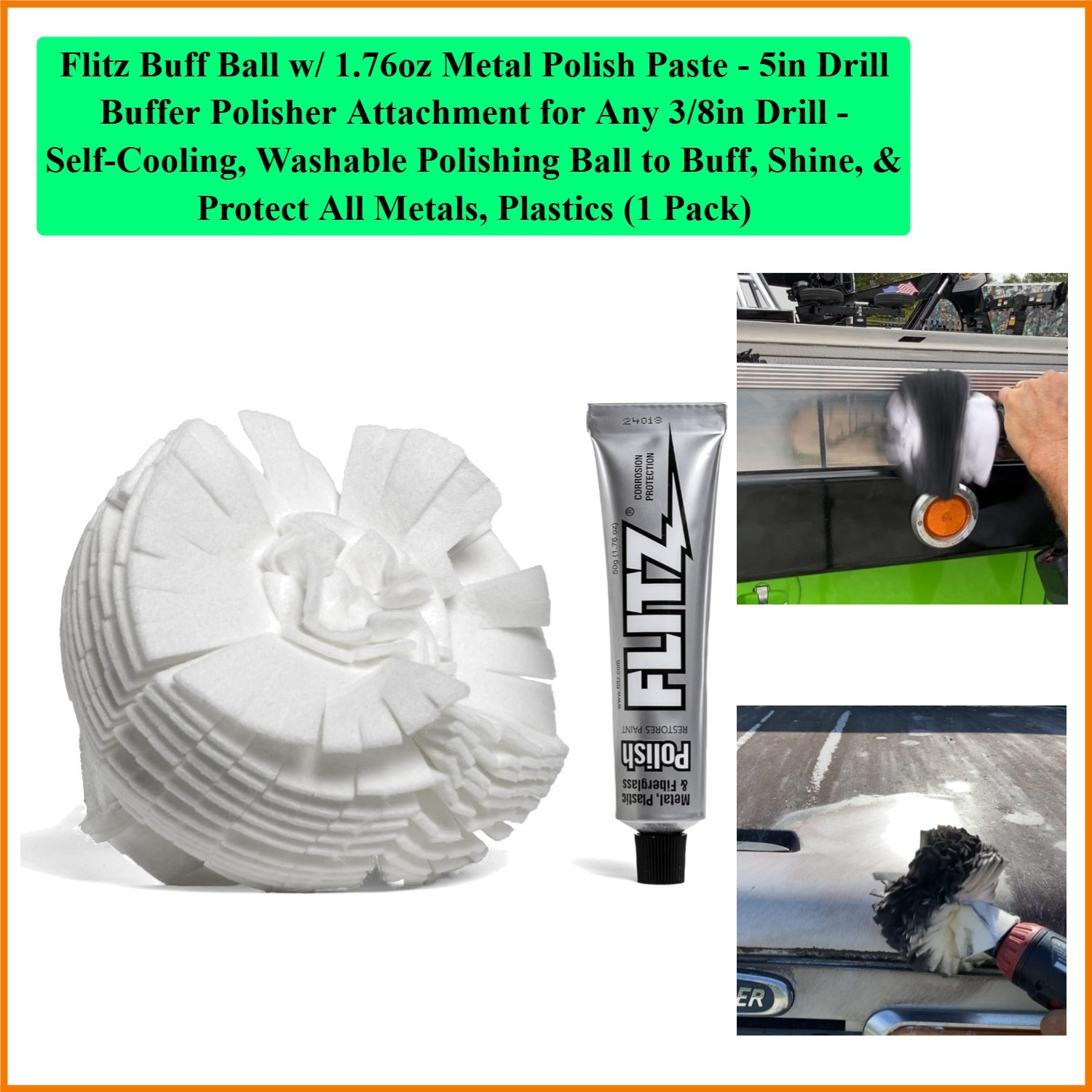 Buff Ball w/ 1.76oz Metal Polish Paste – 5in Drill Buffer Polisher Attachment…