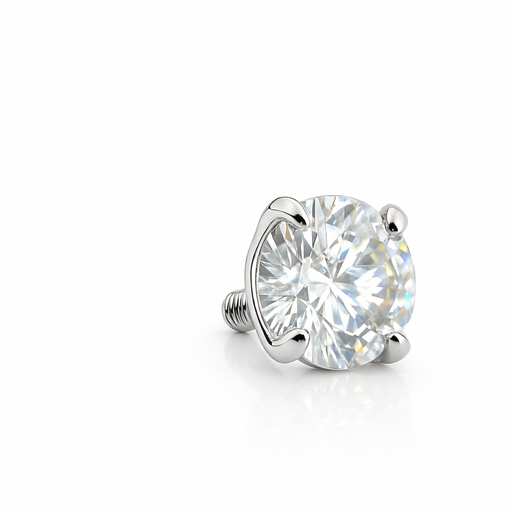 Certified 14K Solid White Gold 14G Dermal Top 4mm Round Lab Created Diamond