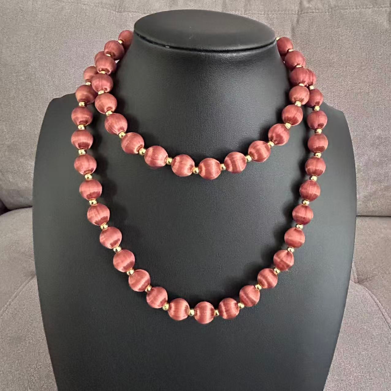 Vintage Burgundy Silk Satin Thread Wrapped Bead Single Strand Necklace 30″