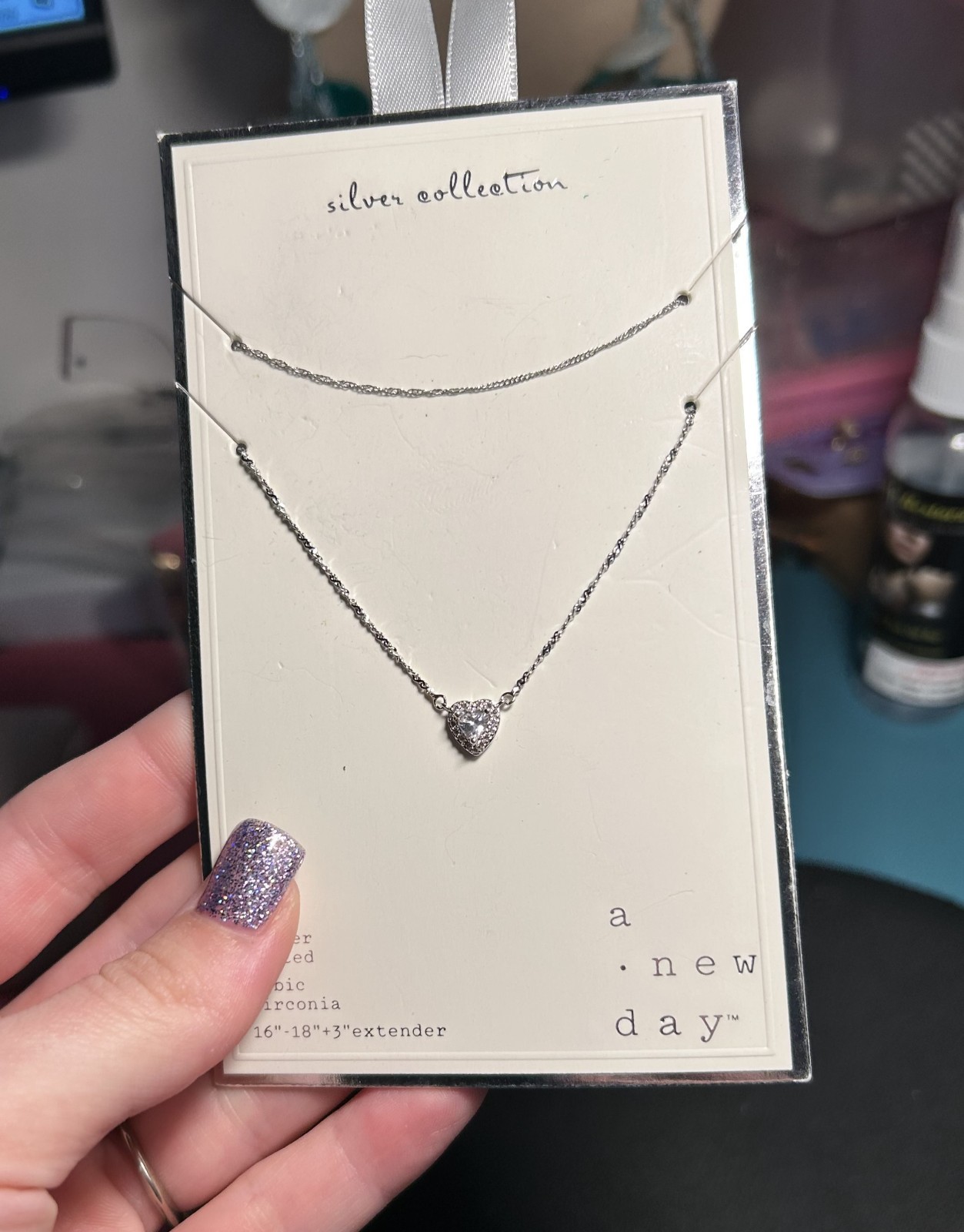A New Day Silver Plated CZ Cubic Zirconia Halo Heart Layered Necklace Set NWT