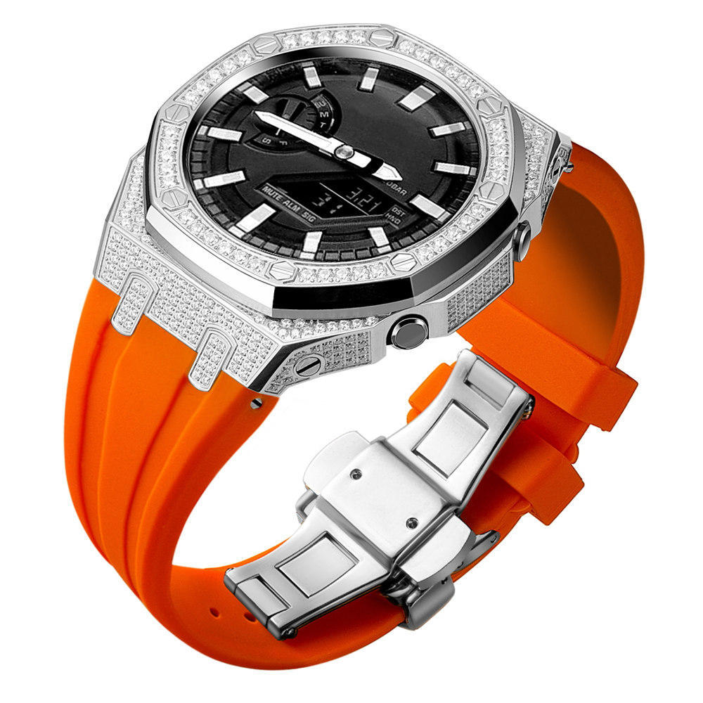 Bling Diamond Stainless Steel Case + Rubber Strap AP MOD KIT for G-SHOCK GA-2100