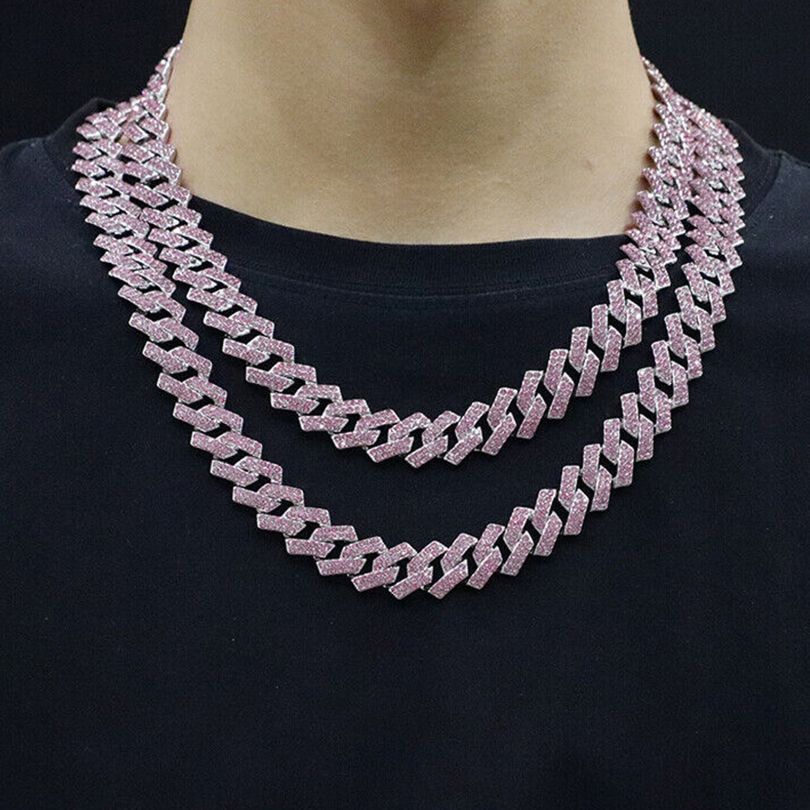 18-24in 15MM Pink Miami Cuban Link Chain Hip Hop Mens Womens Choker Necklace