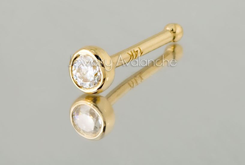 Solid 14kt White / Yellow Gold 22G Nose Bone Stud with Bezel Set Moissanite