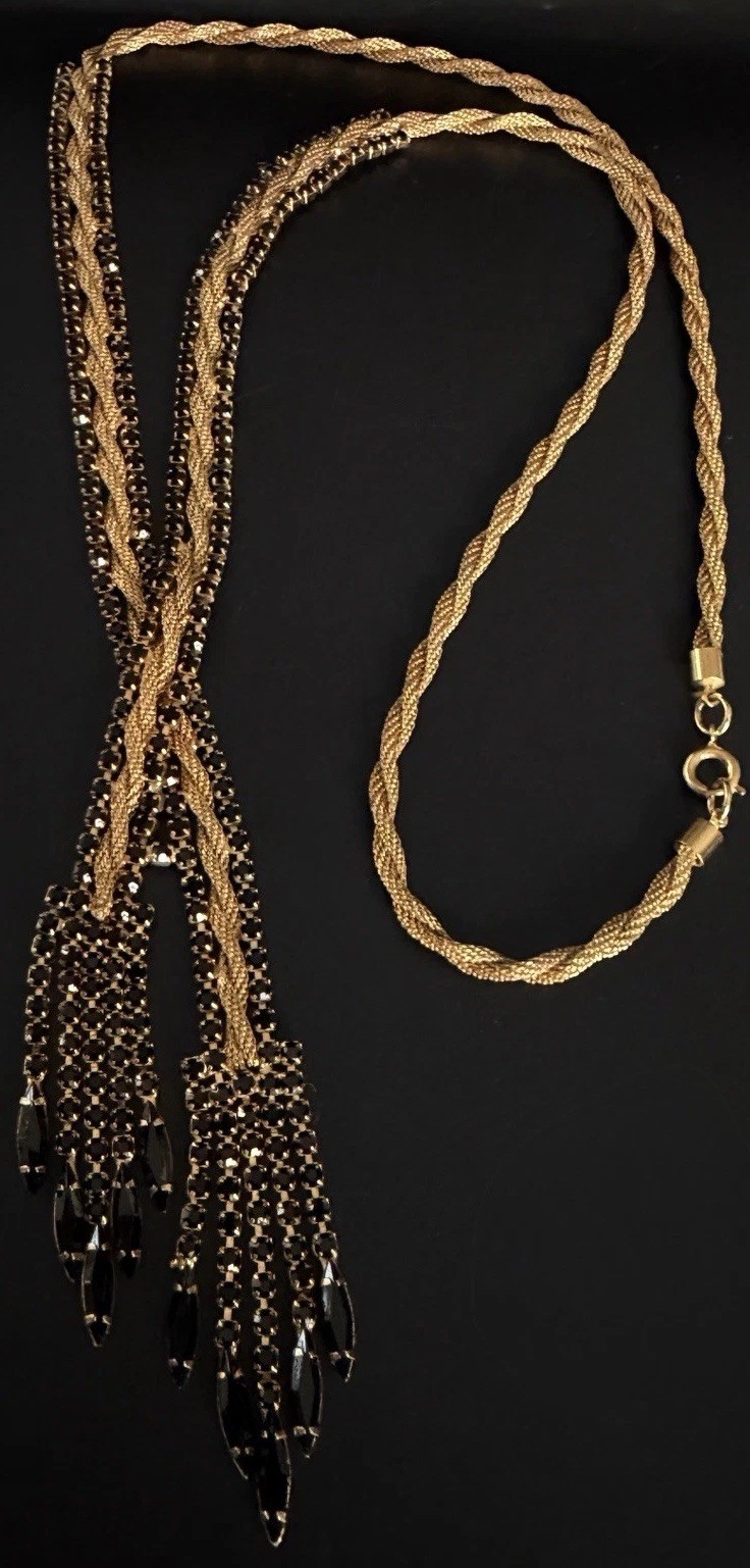 Vtg 50’s 60’s Fixed Lariat Waterfall Necklace Gold Mesh Black Rhinestone Tassel!