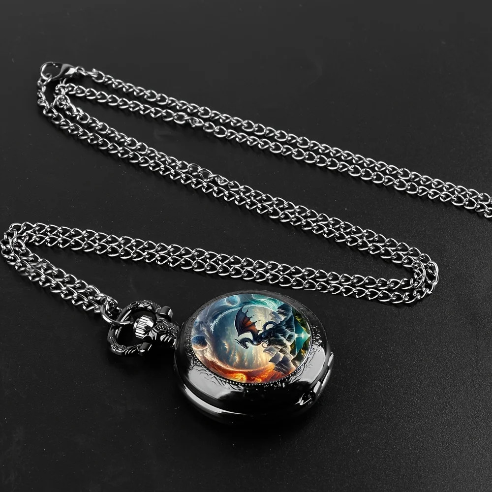Multi Color Dragon Animal Design Antique Necklace Pendant Quartz Pocket Watch