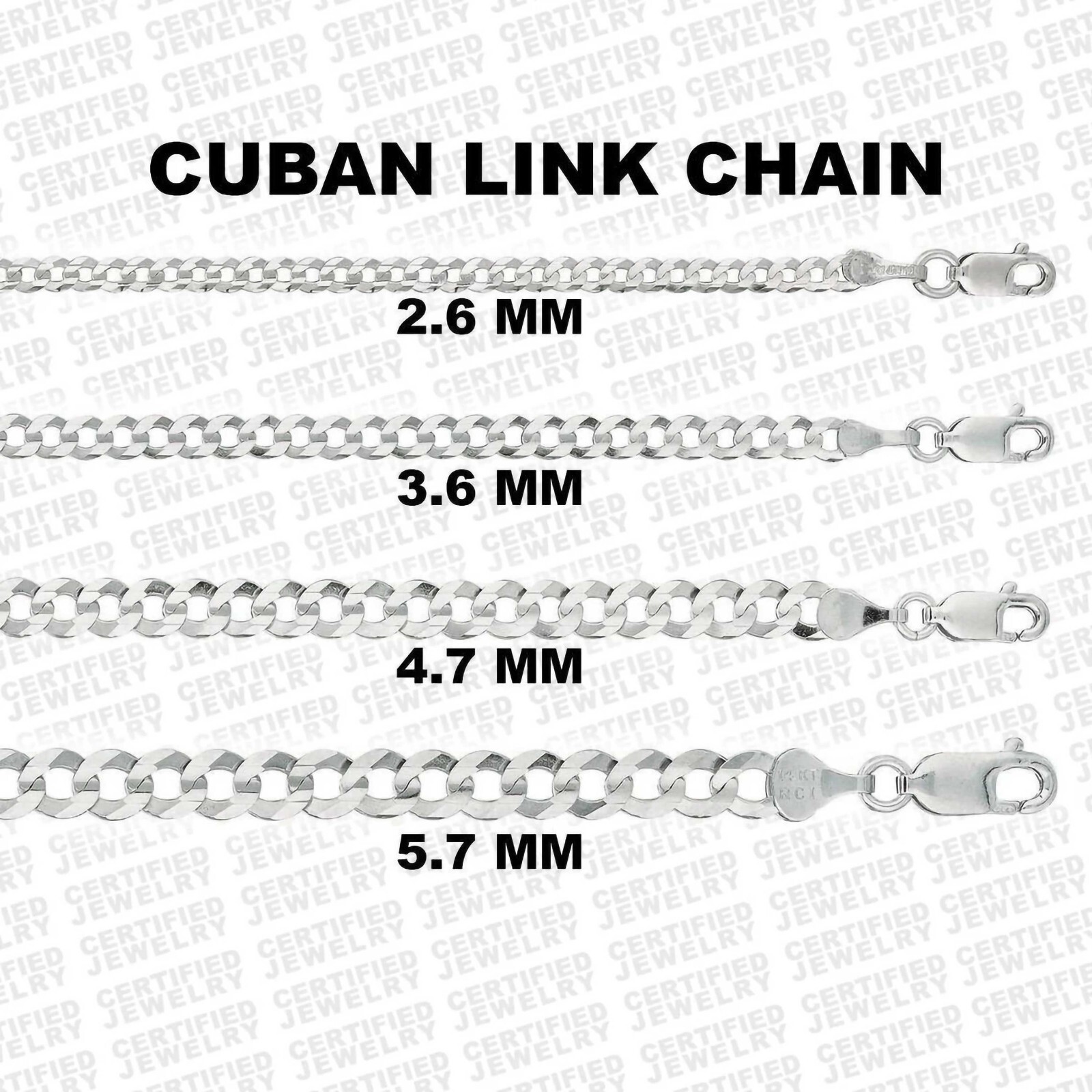 Solid 14K White Gold Cuban Link Chain, 16″-30″ Inch, 2.6mm-5.7mm Wide