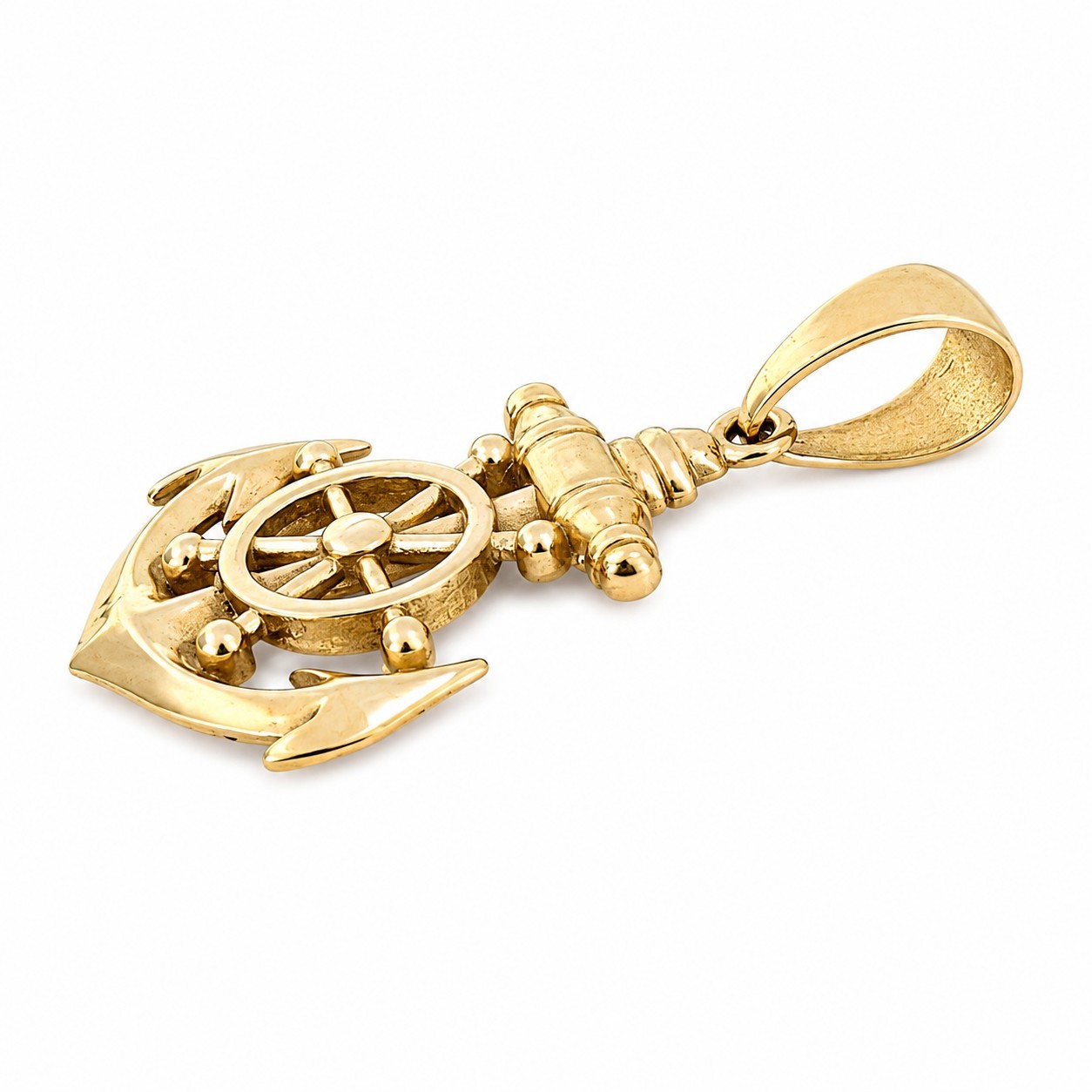 Solid 14K Yellow Gold Mens Anchor Pendant Nautical Ship Wheel Marine Charm