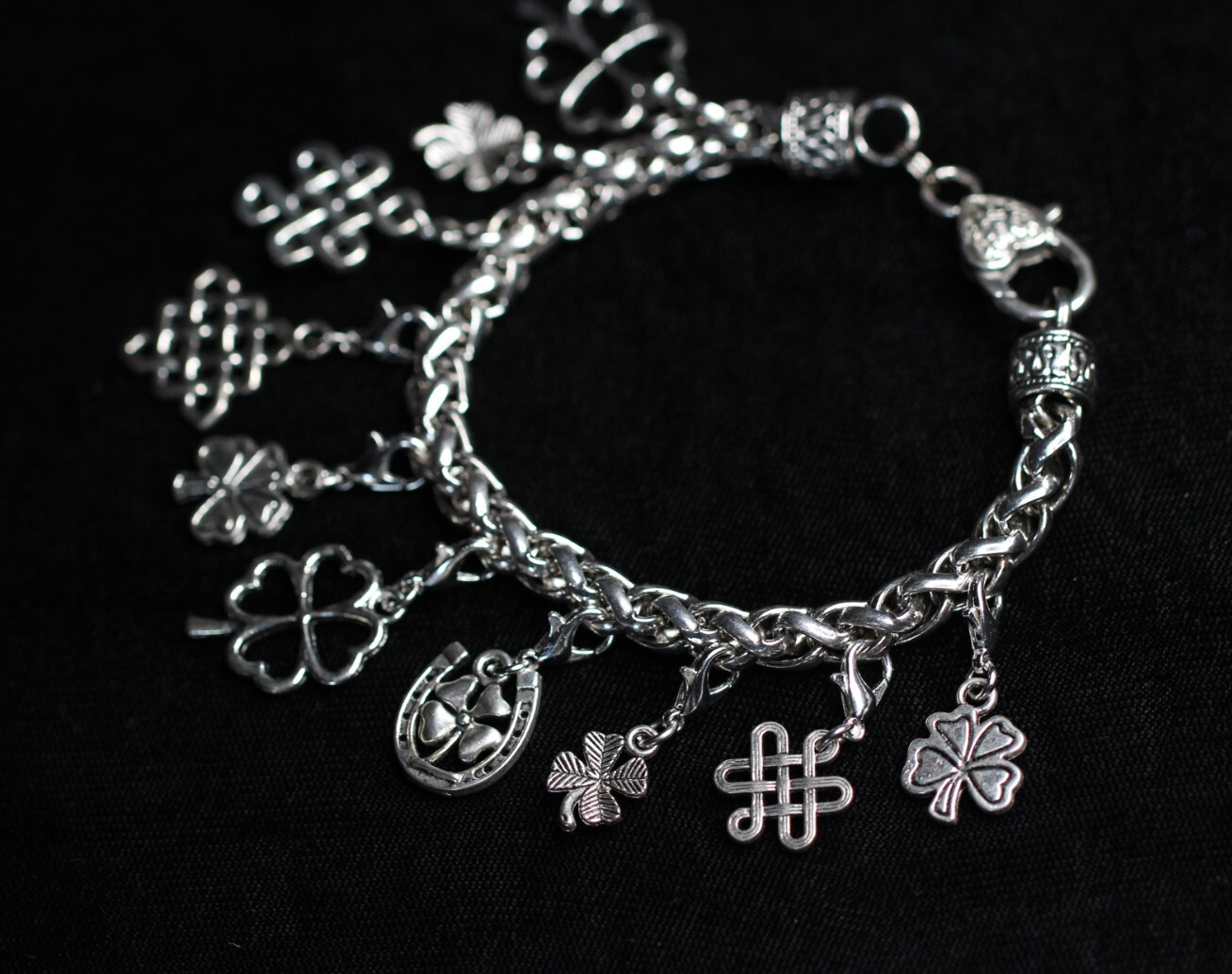 Celtic Four Leaf Clover Charm Bracelet Silver Pewter Charms 8″ Interchangeable