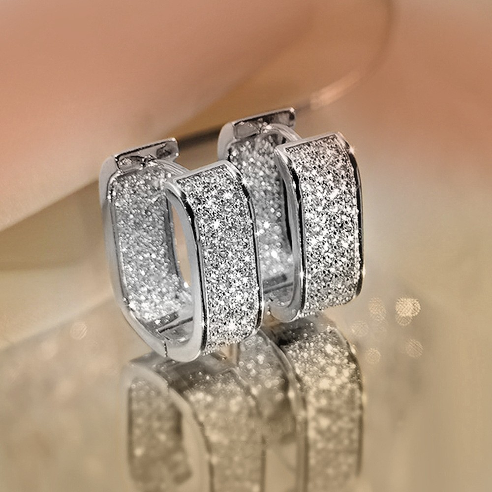 Women 925 Sterling Silver Plated U Micro Pave CZ Square Huggie Hoop Earrings A32
