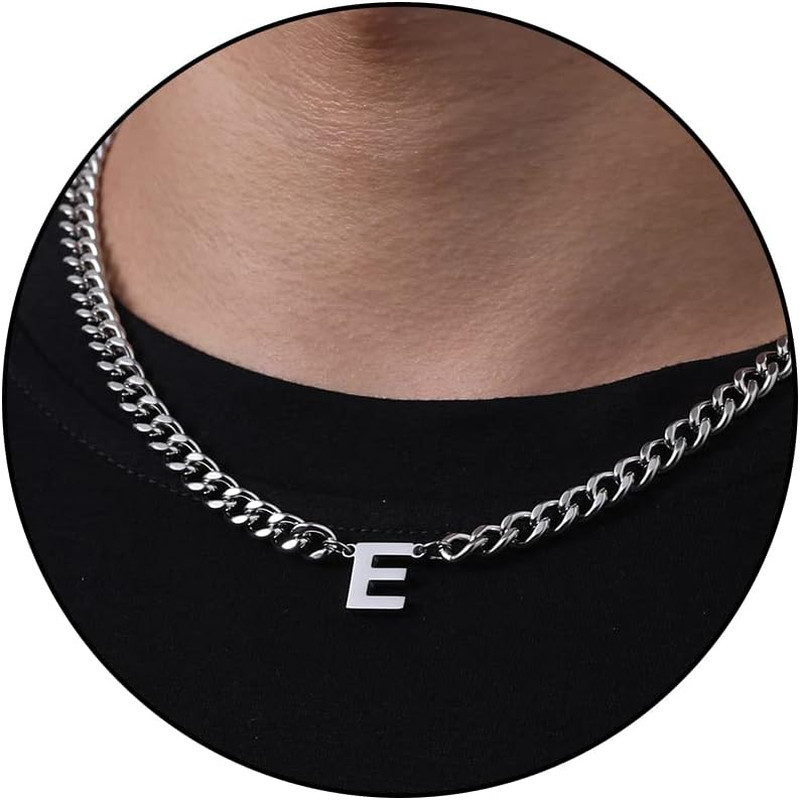 Initial A-Z Cuban Link Chain Necklaces for Men Boys Letter Pendant Stainless Ste