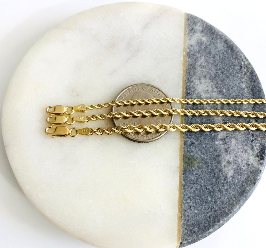 14K Solid Yellow Gold Rope Chain Necklace – 2mm – 2.5mm – 3mm -UNISEX –