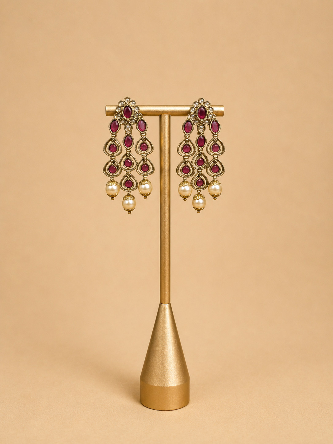 Indian Antique Chandelier Earrings Ruby Pink Stone Pearl Drop Gold Bridal Jhumka